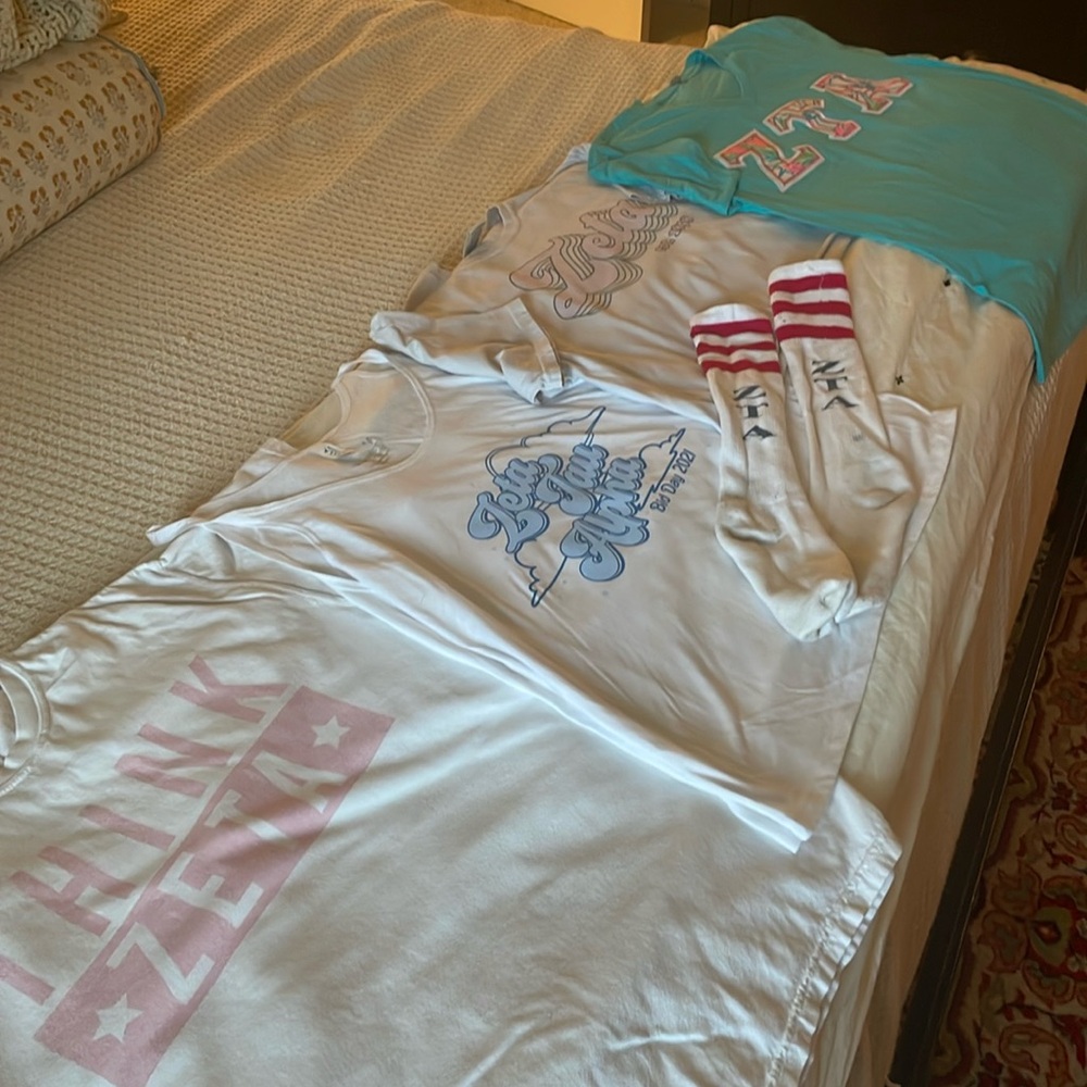 Zeta Tau Alpha bundle of 2 t shirts, one cropped tee, one loose tank and socks